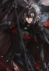  amekudaki armor armored_dress black_cape black_dress cape commentary_request dress fate/grand_order fate_(series) faulds female fur-trimmed_cape fur_trim gauntlets grey_hair grin hair_between_eyes headpiece highres jeanne_d&#039;arc_alter_(avenger)_(fate) jeanne_d&#039;arc_alter_(fate) looking_at_viewer moon short_hair smile solo yellow_eyes 