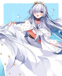  absurdres anastasia_(fate) blue_cloak blue_eyes blush breasts cleavage cloak dress fate/grand_order fate_(series) female fur_trim hair_over_one_eye hairband highres ice_crystal jewelry large_breasts long_hair looking_at_viewer misaki346 neck_ring necklace open_mouth pendant sash smile solo very_long_hair white_dress white_hair 