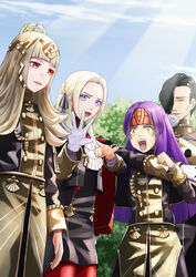  1boy 3girls alternate_costume commentary cowboy_shot crown edelgard_von_hresvelg fire_emblem fire_emblem:_path_of_radiance fire_emblem:_radiant_dawn fire_emblem:_three_houses fire_emblem_heroes garreg_mach_monastery_uniform headband highres hubert_von_vestra multiple_girls open_mouth sanaki_kirsch_altina sukkirito_(rangusan) sunlight veronica_(brave_princess)_(fire_emblem) veronica_(fire_emblem) 