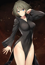  arm_up black_dress black_hair blue_eyes blush breasts brown_hair closed_mouth collarbone collared_dress commentary_request cosplay covered_navel covered_nipples cowboy_shot dark_background dress female gradient_background green_eyes groin head_tilt heterochromia highres idolmaster idolmaster_cinderella_girls large_breasts long_sleeves looking_at_viewer mk_(mod0) mole mole_under_eye one-punch_man pelvic_curtain short_hair smile solo swept_bangs takagaki_kaede tatsumaki tatsumaki_(cosplay) thighs 