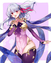  absurdres armlet armor bare_shoulders bikini_armor blush bracelet breasts circlet collar detached_sleeves dress earrings fate/grand_order fate_(series) female floral_print hair_ribbon highres index_finger_raised jewelry kama_(fate) kama_(second_ascension)_(fate) large_breasts long_hair looking_at_viewer metal_collar misaki346 open_mouth pelvic_curtain purple_dress purple_sleeves purple_thighhighs red_eyes ribbon ring smile solo thighhighs thighlet thighs white_hair 