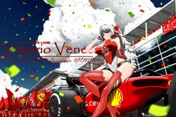  absurdres alternate_costume asymmetrical_gloves azur_lane black_panties blue_sky boots bow breasts car chinese_commentary clothing_cutout cloud commentary confetti covered_nipples elbow_gloves female ferrari ferrari_f1-75 flag formula_one formula_racer from_below gloves grey_hair hairbow hand_in_own_hair high_heel_boots high_heels highleg highleg_leotard highres italian_flag kangkehuohuohuo large_breasts leotard logo long_hair looking_at_viewer motor_vehicle outdoors panties panties_under_leotard panty_straps product_placement race_queen race_vehicle racecar racetrack red_bow red_footwear red_leotard shell_(company) single_elbow_glove skindentation sky strapless strapless_leotard thigh_boots thighs two-tone_leotard underboob_cutout underwear vittorio_veneto_(azur_lane) white_eyes white_leotard 