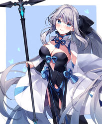  absurdres black_bow black_dress black_thighhighs blue_eyes bow braid breasts cleavage dress fate/grand_order fate_(series) female grey_hair hairbow half_up_braid highres large_breasts long_hair long_sleeves looking_at_viewer misaki346 morgan_le_fay_(fate) pelvic_curtain ponytail sidelocks smile solo staff thighhighs thighs two-tone_dress very_long_hair white_dress wide_sleeves 