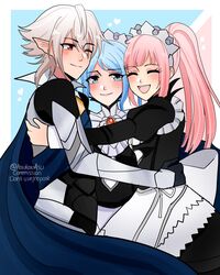  1boy 2girls apron armor asukaaasuu black_dress black_gloves blue_cape blue_eyes blue_hair blush brooch cape closed_eyes closed_mouth commentary commission corrin_(fire_emblem) corrin_(male)_(fire_emblem) dress english_commentary felicia_(fire_emblem) fire_emblem fire_emblem_fates flora_(fire_emblem) gloves hair_between_eyes heart highres hug jewelry juliet_sleeves long_hair long_sleeves looking_at_another maid maid_headdress multiple_girls one_eye_closed open_mouth pink_hair pointy_ears ponytail puffy_sleeves red_eyes short_hair siblings sisters smile twins twintails upper_body waist_apron white_apron white_hair 