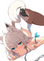  absurdres ahoge animal_ear_fluff animal_ears blush braid breasts chain_leash chains earrings eru_(l_illust45) female fox_ears fox_girl fox_tail green_eyes hair_between_eyes highres hololive jewelry leash leotard long_hair looking_at_viewer playboy_bunny shirakami_fubuki simple_background single_braid solo tail top-down_bottom-up virtual_youtuber white_hair white_leotard 