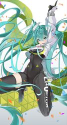  absurdly_long_hair aqua_eyes aqua_hair asymmetrical_bodysuit black_bodysuit bodysuit boots breasts confetti covered_navel cropped_jacket female flag gloves goodsmile_company goodsmile_racing green_flag hatsune_miku highres jacket jumping kiyu_(user_gumh3224) long_hair long_sleeves looking_at_viewer open_mouth pointing pointing_up race_queen racing_miku racing_miku_(2022) single_leg_bodysuit single_thigh_boot single_thighhigh smile solo text_print thigh_boots thighhighs twintails two-tone_gloves very_long_hair vocaloid white_jacket 