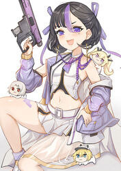  :3 :d black_hair blonde_hair blush breasts collarbone commentary creature doro_(nikke) drake_(nikke) earrings female goddess_of_victory:_nikke green_eyes grey_hair gun hair_between_eyes hair_ribbon highres holding holding_gun holding_weapon jacket jewelry laplace_(nikke) leg_tattoo looking_at_viewer matis_(nikke) maxwell_(nikke) midriff mole mole_under_eye multicolored_hair navel necktie oerba_yun_fang off_shoulder open_mouth parted_bangs purple_eyes purple_hair purple_jacket purple_necktie purple_ribbon red_eyes ribbon see-through shirt shoes short_hair short_necktie single_bare_shoulder sitting skirt small_breasts smile streaked_hair submachine_gun syuen_(nikke) tattoo triangle_earrings twintails visor_cap weapon white_footwear white_shirt white_skirt yougenko 