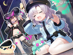  2girls absurdres ahoge animal_ears azur_lane bikini bikini_top_only black_choker black_hair black_jacket black_shorts black_thighhighs braid choker closed_eyes double_bun fake_animal_ears flat_chest hair_bun hat highres holding holding_key huge_hair_bun jacket kamina_shades key logo long_hair long_sleeves low_twin_braids manjuu_(azur_lane) multicolored_hair multiple_girls official_alternate_costume official_art ognevoy_(azur_lane) ognevoy_(blue_nova)_(azur_lane) outline peaked_cap pink_hair police police_hat police_uniform short_shorts shorts single_thighhigh sitting streaked_hair svirepy_(azur_lane) svirepy_(rebellious_artist)_(azur_lane) swimsuit tearing_up thighhighs torn_clothes torn_thighhighs trembling twin_braids uniform wariza white_outline white_thighhighs yellow_eyes 