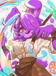  absurd_res anthro bonnie_(cally3d) bonnie_(fnaf) brush buckteeth button_(fastener) clothed clothing croseneu easter egg female five_nights_at_freddy&#039;s fredina&#039;s_nightclub fully_clothed hi_res holidays lagomorph leporid mammal one_eye_obstructed open_mouth paint paintbrush rabbit red_eyes rule_63 scottgames solo teeth 