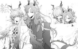  1boy arknights bare_shoulders chibi chinese_clothes chinese_commentary closed_eyes closed_mouth commentary_request dragon_girl dragon_horns earrings expressionless female greyscale hair_between_eyes hair_intakes half-closed_eyes highres horns jacket jewelry kooriko6024_(ci_yan) light_smile long_hair long_sleeves looking_at_another monochrome necklace off_shoulder open_clothes open_jacket pointy_ears robe shu_(arknights) smile strapless tail tube_top upper_body watermark white_background zhi_(arknights) 