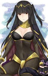  black_cape black_eyes black_hair blunt_bangs bodystocking breasts bridal_gauntlets cape commentary_request female fire_emblem fire_emblem_awakening gold gold_trim highres long_hair medium_breasts navel otokajife parted_lips red_cape sitting skin_tight smile solo tharja_(fire_emblem) tiara two-sided_cape two-sided_fabric two_side_up 