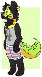  2016 alpha_channel ankh anthro barefoot black_body black_eyebrows black_fur black_inner_ear black_inner_ear_fluff black_nose bottomwear caiman_(jaspering) canid canine canis claws clothed clothing crocodile crocodilian crocodylid digital_drawing_(artwork) digital_media_(artwork) digitigrade ear_piercing eyebrows feet finger_claws flat_colors full-length_portrait fully_clothed fur glistening glistening_nose golden_collar golden_jackal green_background green_body green_eyes green_markings green_scales grey_body grey_bottomwear grey_clothing grey_fur grey_shirt grey_shorts grey_tank_top grey_topwear handpaw head_tuft hindpaw hybrid inner_ear_fluff jackal jaspering male male_anthro mammal markings nile_crocodile outline pattern_bottomwear pattern_clothing pattern_shorts paws piercing pink_bottomwear pink_clothing pink_shorts portrait pupils purple_outline reptile scales scalie shirt shorts simple_background slit_pupils smile snout solo sparkles sparkling_body sparkling_fur standing striped_bottomwear striped_clothing striped_shorts stripes tail tank_top toe_claws topwear tuft whisker_spots yellow_claws yellow_markings yellow_sclera 