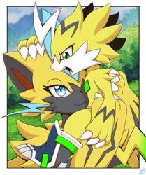  bandai_namco crossover digimon digimon_(species) duo female generation_7_pokemon hi_res legendary_pokemon male male/female nintendo pokemon pokemon_(species) pulsemon vavacung zeraora 