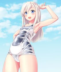  absurdres alternate_skin_color blonde_hair blue_eyes blue_one-piece_swimsuit blue_sky breasts cameltoe cloud commentary_request cowboy_shot day female from_below highres kantai_collection layered_swimsuit long_hair old_school_swimsuit one-piece_swimsuit outdoors ro-500_(kancolle) school_swimsuit sky small_breasts solo standing swimsuit takafumi 