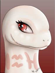  2019 albino anthro biped crusch_lulu cute_fangs digital_drawing_(artwork) digital_media_(artwork) eyelashes female gradient_background headshot_portrait icon lizard lizardman lizardman_(overlord) long_neck looking_aside markings neck_markings overlord_(series) pink_markings poherist portrait red_eyes reptile scalie shaded side_view signature simple_background smile soft_shading solo tribal tribal_markings white_body 