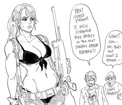  2boys bald bare_shoulders bb_(baalbuddy) beard belt bikini breasts cleavage closed_mouth commentary english_commentary english_text facial_hair female front-tie_bikini_top front-tie_top glasses greyscale gun highres holding holding_gun holding_weapon kojima_hideo large_breasts long_hair metal_gear_(series) metal_gear_solid_v:_the_phantom_pain monochrome multiple_boys opaque_glasses pantyhose ponytail quiet_(metal_gear) rifle simple_background smile sweatdrop swimsuit torn_clothes torn_pantyhose weapon white_background 