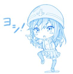  arm_warmers asashio_(kancolle) blue_theme blush_stickers buttons collared_shirt female full_body genba_neko_(meme) gotou_hisashi hair_between_eyes hard_hat helmet kantai_collection long_hair meme monochrome open_mouth pleated_skirt pointing pose shadow shigoto_neko shirt short_sleeves simple_background skirt solo standing standing_on_one_leg suspender_skirt suspenders thighhighs white_background 