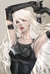  a2_(nier:automata) android armpits arms_up artstation_username bad_id bad_pixiv_id bare_shoulders blue_eyes breasts collared_shirt elbow_gloves female gloves grey_background highres holding holding_weapon instagram_username long_hair looking_at_viewer medium_breasts mole mole_under_mouth nier:automata nier_(series) nier_reincarnation nose open_mouth parted_lips red_lips shirt solo sword twitter_username upper_body wandzardeen weapon white_hair 