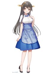  apron black_footwear black_hair blue_apron blue_bow blue_bowtie blue_skirt bow bowtie brown_eyes checkered_apron checkered_clothes employee_uniform female full_body gingham gingham_apron hair_ornament hairband hairclip hand_on_own_chest haruna_(kancolle) headgear high-waist_skirt high_heels kantai_collection kobeya kobeya_uniform long_hair plaid plaid_apron pleated_shirt pumps simple_background skirt solo uniform waitress white_background yamashichi_(mtseven) 