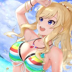  arm_up armpits bad_id bad_twitter_id bikini blonde_hair blue_eyes bracelet breasts close-up female hair_ornament highres idolmaster idolmaster_cinderella_girls idolmaster_cinderella_girls_starlight_stage jewelry lamp_p9 necklace ocean ohtsuki_yui ponytail solo striped_bikini striped_clothes swimsuit water water_drop 