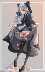  black_dress black_footwear black_pantyhose blue_hair bow chaa_art commission dress female flower full_body grey_background hairbow highres kagetsu_tooya len_(tsukihime) long_hair long_sleeves looking_at_viewer pantyhose parted_bangs pointy_ears red_eyes skeb_commission skirt_basket solo standing tsukihime 