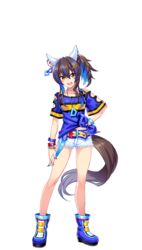  :d animal_ears aqua_nails arm_at_side arm_cutout bare_legs bead_bracelet beads belt belt_buckle blue_footwear blue_hair blue_nails blue_shirt boots bracelet breasts brown_hair buckle collarbone colored_inner_hair cutoffs daitaku_helios_(umamusume) dangle_earrings diamond_(shape) ear_covers ear_piercing earrings facial_mark fashion female fingernails full_body hair_between_eyes hair_ornament hairclip hand_on_own_hip happy high_ponytail highres horse_ears horse_girl horse_tail jewelry legs legs_apart linked_piercing long_fingernails long_hair loose_belt midriff_peek multicolored_hair multicolored_nails nail_polish necklace oerba_yun_fang off-shoulder_shirt off_shoulder official_art open_mouth piercing platform_boots platform_footwear ponytail shirt short_shorts short_sleeves shorts side-tie_shirt sidelocks skin_fang small_breasts smile solo star_(symbol) star_hair_ornament streaked_hair tail tied_shirt transparent_background triangle triangle_earrings two-tone_hair umamusume white_shorts wide_sleeves yellow_belt yellow_eyes 