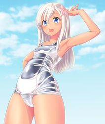  absurdres blonde_hair blue_eyes blue_one-piece_swimsuit blue_sky breasts cameltoe cloud cowboy_shot day female flower from_below hair_flower hair_ornament highres kantai_collection layered_swimsuit long_hair old_school_swimsuit one-piece_swimsuit outdoors ro-500_(kancolle) school_swimsuit sky small_breasts solo standing swimsuit takafumi tan white_one-piece_swimsuit 