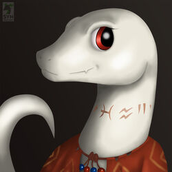  1:1 2019 albino anthro artist_logo beaded_jewelry beaded_necklace beads biped bust_portrait cape clothing crusch_lulu cute_fangs digital_media_(artwork) digital_painting_(artwork) eyelashes female gradient_background grey_background hi_res icon jewelry light lighting lizard lizardman lizardman_(overlord) logo long_neck looking_at_viewer markings neck_markings necklace orange_cape orange_clothing overlord_(series) pattern_cape pattern_clothing pink_markings portrait red_eyes reptile scalie shaded side_view simple_background smile smiling_at_viewer soft_shading solo syndraconic tail tribal tribal_markings white_body 