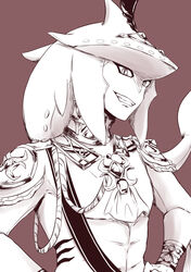  1boy absurdres bad_id bad_pixiv_id commentary_request fish_boy greyscale grin hair_ornament hands_on_own_hips highres long_hair looking_at_viewer male_focus mi_(mrm1117) monochrome monster_boy pointy_ears sharp_teeth sidon simple_background slit_pupils smile solo teeth the_legend_of_zelda the_legend_of_zelda:_breath_of_the_wild upper_body zora 