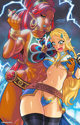  2girls abs adapted_costume armor assertive_female beckoning bikini bikini_armor blue_lips breastplate breasts come_hither commentary dark-skinned_female dark_skin darkereve earrings english_commentary gerudo grabbing grabbing_another&#039;s_breast green_eyes hair_pulled_back highleg highleg_bikini highres jewelry large_breasts lightning lipstick looking_at_viewer looking_down makeup multiple_girls muscular muscular_female navel obliques open_mouth parted_lips photoshop_(medium) pointy_ears princess_zelda signature size_difference smile standing stomach swimsuit the_legend_of_zelda the_legend_of_zelda:_breath_of_the_wild thong twitter_username unaligned_breasts underboob urbosa yuri 