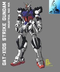  character_name clenched_hands dated grey_background gundam gundam_seed highres mecha no_humans pravin_rao_santheran redesign robot science_fiction solo strike_gundam v-fin yellow_eyes 