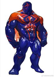  1boy alternate_muscle_size animal_print bara blue_bodysuit bodysuit broad_shoulders bulge clenched_hands full_body highres large_pectorals looking_to_the_side male_focus marvel mask muscular muscular_male pectorals print_bodysuit red_bodysuit solo spider-man:_across_the_spider-verse spider-man_(2099) spider-man_(series) spider-verse spider_print thick_arms thighs two-tone_bodysuit v-taper weibo_5316733292 