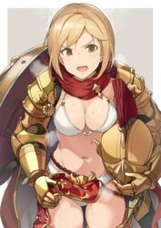  bikini blonde_hair blush breasts brown_eyes cape cleavage cowboy_shot djeeta_(granblue_fantasy) female gauntlets gladiator granblue_fantasy grey_background helmet highres hinami_(hinatamizu) holding holding_helmet loincloth looking_at_viewer medium_breasts navel open_mouth plume red_scarf scarf shield short_hair simple_background solo spartan_(granblue_fantasy) steaming_body stomach sweat swimsuit unworn_headwear unworn_helmet v-shaped_eyebrows visor_(armor) white_bikini 