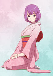  barefoot blue_eyes commentary_request female japanese_clothes kimono koimonogatari monogatari_(series) no_shoes obi obiage obijime partial_commentary pink_kimono pitecube purple_hair sash seiza senjougahara_hitagi short_hair sitting solo toes 