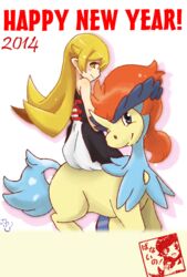  2014 blonde_hair commentary_request crossover dress female fooring happy_new_year keldeo keldeo_(ordinary) long_hair monogatari_(series) new_year oshino_shinobu pokemon pokemon_(creature) pokemon_bw2 riding riding_pokemon yellow_eyes 