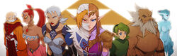  2boys 5girls bare_shoulders beard blonde_hair blue_eyes commentary_request dark_skin darunia earrings facial_hair finni_chang fish_girl gerudo green_hair impa jewelry monster_girl multiple_boys multiple_girls nabooru photoshop_(medium) pointy_ears ponytail princess_ruto princess_zelda rauru_(ocarina_of_time) red_eyes red_hair robe saria_(zelda) sheik shoulder_pads the_legend_of_zelda the_legend_of_zelda:_ocarina_of_time tiara triforce 