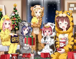  5girls :d anima_yell! animal_costume animal_print arima_hizume blonde_hair blush bottle box brown_hair chick_costume christmas christmas_stocking christmas_tree closed_eyes colonel_sanders commentary_request cow_costume d: gift gift_box hand_on_own_cheek hand_on_own_face hatoya_kohane hood hood_up indoors kfc long_hair monkey_costume multiple_girls night nose_blush oerba_yun_fang open_mouth pink_hair purple_eyes purple_hair red_eyes red_hair ruu_(tksymkw) sawatari_uki seiza short_hair sitting smile star_(symbol) stuffed_chicken tatejima_kotetsu tears tiger_costume tiger_print ushiku_kana yellow_eyes 