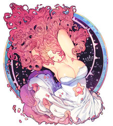  armpits arms_behind_head arms_up breasts cleavage closed_eyes constellation curly_hair dress female gem highres large_breasts long_hair navel_cutout parted_lips petals pigeon666 pink_hair rose_quartz_universe solo sparkle star_(sky) steven_universe upper_body very_long_hair white_dress 