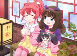  3girls :d :o :t ^_^ bad_id bad_pixiv_id baozi bench black_hair blue_eyes blush brick_wall brown_hair check_(check_book) closed_eyes commentary_request eating food food-themed_hair_ornament gaaruru_(pripara) hair_ornament hairband head_wings kurosu_aroma long_sleeves mini_person minigirl multiple_girls oerba_yun_fang open_mouth orange_hair_ornament over-kneehighs paprika_private_academy_school_uniform pink_hair pink_legwear pretty_series pripara sailor_collar school_uniform shiratama_mikan sidelocks sitting sitting_on_lap sitting_on_person smile thighhighs twintails v-shaped_eyebrows window wings 