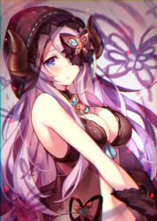  armpits babydoll bad_id bad_pixiv_id bare_arms bare_shoulders black_gloves blue_eyes blue_ribbon blush breasts butterfly_hair_ornament chromatic_aberration cleavage closed_mouth draph female gloves granblue_fantasy groin hair_ornament hair_over_one_eye hair_ribbon highres homaderi hood horns large_breasts light_purple_hair lingerie long_hair looking_at_viewer narmaya_(granblue_fantasy) narmaya_(the_black_butterfly)_(granblue_fantasy) navel official_alternate_costume panties ribbon ribbon_trim see-through side-tie_panties solo stomach underwear upper_body 