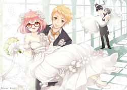  2boys 2girls black_hair blonde_hair bob_cut bouquet boutonniere bridal_veil carrying commentary_request corsage couple dress flower formal glasses gloves hair_flower hair_ornament himaya incest kanbara_akihito kuriyama_mirai kyoukai_no_kanata long_hair multiple_boys multiple_girls nase_hiroomi nase_mitsuki photoshop_(medium) pink_hair princess_carry red-framed_eyewear short_hair smile straight suit veil wedding_dress yakiimo_(kyoukai_no_kanata) 