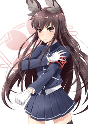  animal_ear_fluff animal_ears armband azur_lane black_thighhighs blue_shirt blue_skirt breasts brown_hair buttons closed_mouth commentary_request cowboy_shot dress_shirt emblem female floating_hair gloves gudon_(iukhzl) legs_apart long_hair long_sleeves looking_at_viewer medium_breasts miniskirt myoukou_(azur_lane) photoshop_(medium) pleated_skirt red_eyes sakura_empire_(emblem) sanpaku shirt sidelocks skirt solo standing thighhighs undershirt v-shaped_eyebrows white_background white_gloves white_shirt zettai_ryouiki 