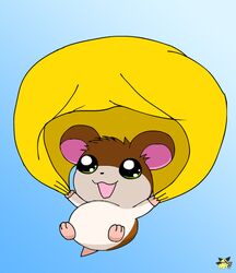  artist_logo brown_body brown_fur cricetid female feral fur green_eyes hamster hamtaro_(series) logo mammal midair parachute parachuting penelope_(hamtaro) pichu90 rodent semi-anthro solo white_body white_fur 