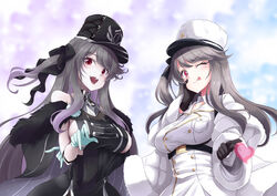  2girls ;p arm_under_breasts azur_lane black_coat black_gloves black_hair black_ribbon blue_gloves breasts coat dual_persona fur-trimmed_coat fur_trim gloves gradient_hair hair_ribbon hat heart highres large_breasts long_hair long_sleeves looking_at_viewer multicolored_hair multiple_girls one_eye_closed one_side_up open_mouth pamiat_merkuria_(azur_lane) pamiat_merkuria_(meta)_(azur_lane) peaked_cap purple_hair red_eyes ribbon shiruppo sideboob smile tongue tongue_out white_coat 