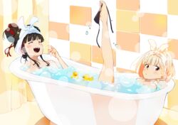  2girls absurdres bath bathing bathroom bathtub black_hair blonde_hair blush bubble claw_foot_bathtub closed_eyes completely_nude hair_bun hair_ribbon highres indoors inoue_takina lycoris_recoil misskiwi multiple_girls nishikigi_chisato nude open_mouth panties partially_submerged red_eyes ribbon rubber_duck same-sex_bathing shared_bathing short_hair smile soap_bubbles tile_wall tiles towel towel_on_head underwear water yuri 