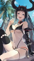  :d bikini black_bikini black_gloves black_hair blue_sky blunt_bangs breasts commentary_request demon_horns demon_tail elbow_gloves fangs feathered_wings female frilled_hairband frills gloves granblue_fantasy green_eyes hairband highleg highleg_bikini highres horns ikenotori knee_up large_breasts long_hair looking_at_viewer magus_(granblue_fantasy) multi-strapped_bikini_bottom navel outdoors palm_tree single_elbow_glove single_thighhigh sitting sky smile solo swimsuit tail thighhighs tree twitter_username wings 