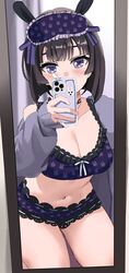  black_hair blush breasts cardigan cellphone cleavage covering_own_mouth cowboy_shot cropped_shirt eye_mask female frilled_shorts frills full-length_mirror grey_cardigan highres holding holding_phone indoors kinomiki large_breasts legs_apart long_bangs long_sleeves looking_at_mirror looking_at_viewer mask mask_on_head medium_hair mirror navel nijisanji off_shoulder open_cardigan open_clothes phone purple_eyes purple_shirt purple_shorts selfie shirt shorts sidelocks sleep_mask sleeveless sleeveless_shirt smartphone solo stomach thighs tsukino_mito tsukino_mito_(loungewear) virtual_youtuber 