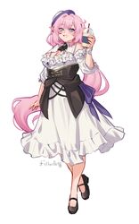  absurdres bare_shoulders black_footwear blue_eyes breasts cleavage commentary cup disposable_cup dress drinking_straw elysia_(honkai_impact) elysia_(miss_pink_elf)_(honkai_impact) elysia_(sweet_memories)_(honkai_impact) estherart0 female full_body grin hat highres holding holding_cup honkai_(series) honkai_impact_3rd long_hair long_sleeves looking_at_viewer pink_hair pointy_ears shoes smile solo very_long_hair white_dress 