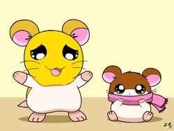  alternate_costume artist_logo bedding blanket brown_body brown_fur chibifur clothing_swap cricetid duo female feral fur green_eyes hamster hamtaro_(series) kemono logo mammal pashmina_(hamtaro) penelope_(hamtaro) pichu90 pink_scarf rodent scarf semi-anthro 