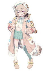  animal_ear_fluff animal_ears blue_bow boots bow brown_coat brown_footwear brown_hair brown_ribbon coat collared_shirt female footwear_bow full_body green_skirt green_thighhighs hair_ornament hair_ribbon hairclip highres komachi_panko navel oerba_yun_fang open_clothes open_coat phase_connect pink_bow pleated_skirt purple_eyes red_panda red_panda_ears red_panda_girl red_panda_tail ribbon shirt short_hair skin_fang skirt solo standing star_(symbol) suspender_skirt suspenders tail thighhighs valefal_coneri virtual_youtuber white_headwear white_thighhighs yellow_bow 